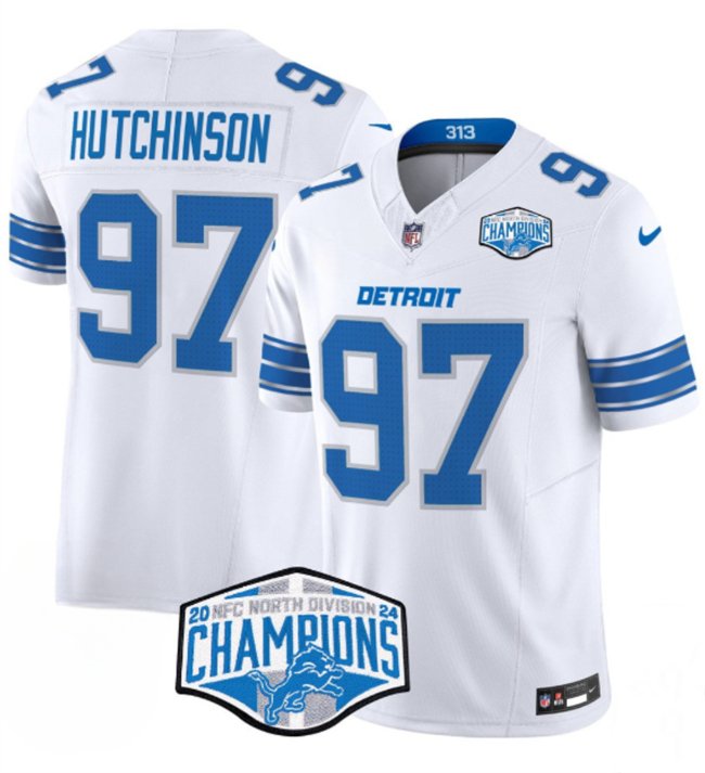 White Detroit Lions #97 Aidan Hutchinson 2024 NFC North Champions F.U.S.E. Vapor Limited Stitched Jersey - DTL300