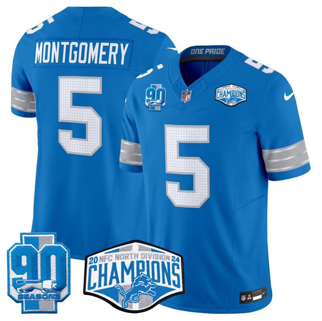 Blue Detroit Lions #5 David Montgomery 2024 NFC North Champions 90th Anniversary Patch F.U.S.E. Vapor Limited Stitched Jersey - DTL315