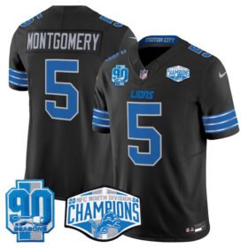 Black Detroit Lions #5 David Montgomery 2024 NFC North Champions 90th Anniversary Patch F.U.S.E. Vapor Limited Stitched Jersey - DTL358
