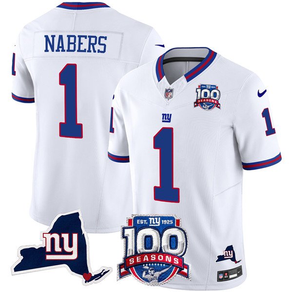 White New York Giants #1 Malik Nabers 2024 F.U.S.E. 100th Season And State Patch Vapor Limited Stitched Football Jersey - NYG278