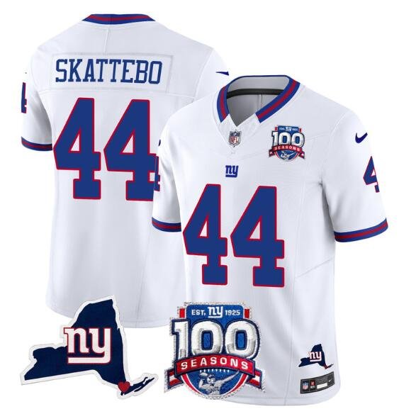 White New York Giants #44 Cam Skattebo 2025 Draft F.U.S.E. 100th Season & State Patch Vapor Limited Stitched Football Jersey - NYG133