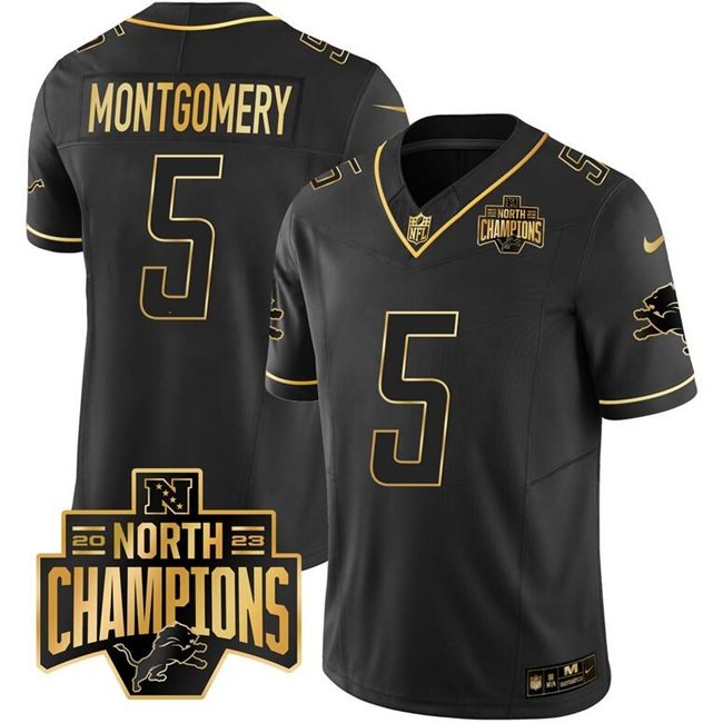 Black/Gold Detroit Lions #5 David Montgomery F.U.S.E. 2023 NFC North Division Champions Patch Vapor Limited Stitched Football Jersey - DTL157