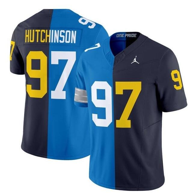 Blue/Navy Detroit Lions X Wolverines #97 Aidan Hutchinson Split F.U.S.E. Vapor Limited Stitched Jersey - DTL128