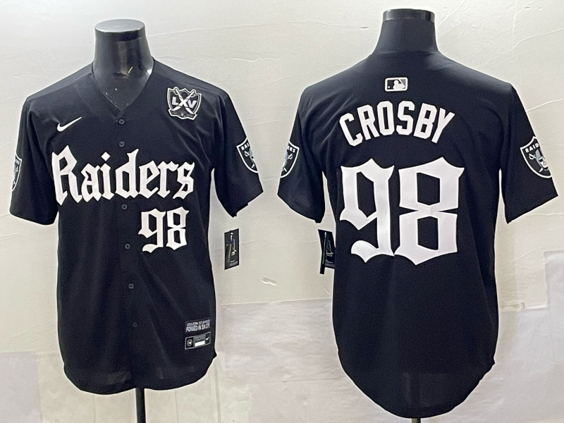 Black Las Vegas Raiders #98 Maxx Crosby 'Gothic Sin City Shadows Edition' With 65th Anniversary Patch Vapor Limited Stitched Baseball Jersey - LVR190