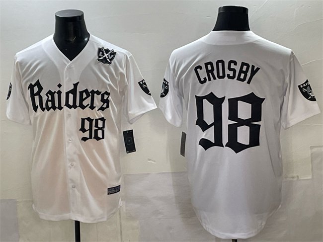 White Las Vegas Raiders #98 Maxx Crosby 'Gothic Sin City Shadows Edition' With 65th Anniversary Patch Vapor Limited Stitched Baseball Jersey - LVR199