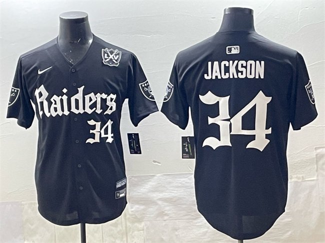 Black Las Vegas Raiders #34 Bo Jackson 'Gothic Sin City Shadows Edition' With 65th Anniversary Patch Vapor Limited Stitched Baseball Jersey - LVR230