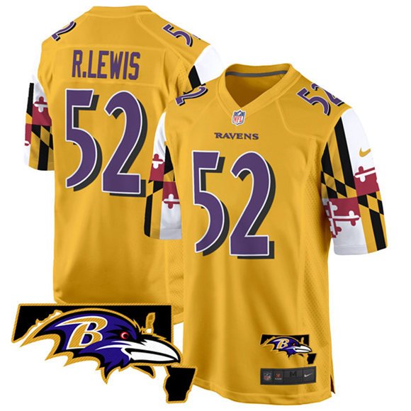 Gold Baltimore Ravens #52 Ray Lewis 2025 Maryland Flag Vapor Limited Football Game Jersey - BRJ156