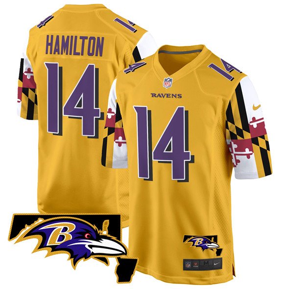 Gold Baltimore Ravens #14 Kyle Hamilton 2025 Maryland Flag Vapor Limited Football Game Jersey - BRJ315