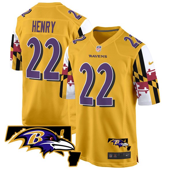 Gold Baltimore Ravens #22 Derrick Henry 2025 Maryland Flag Vapor Limited Football Game Jersey - BRJ346