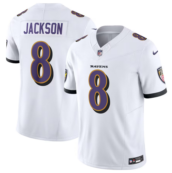 White Baltimore Ravens #8 Lamar Jackson 2023 F.U.S.E Vapor Jersey - BRJ312