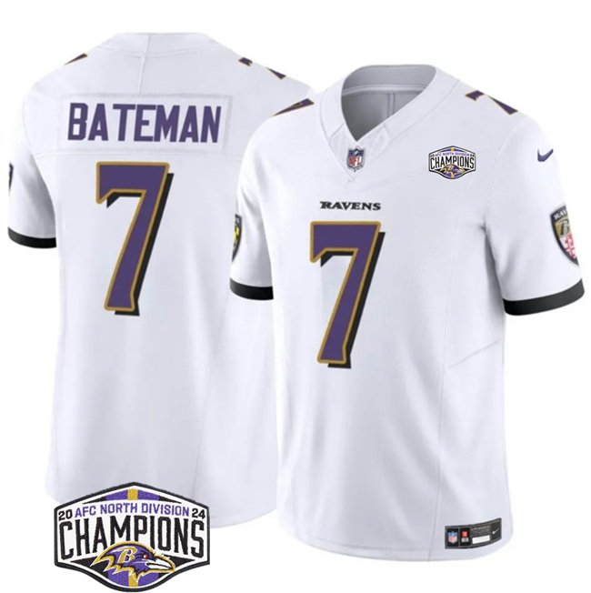 White Baltimore Ravens #7 Rashod Bateman F.U.S.E 2024 AFC North Division Champions Vapor Limited Football Jersey - BRJ169