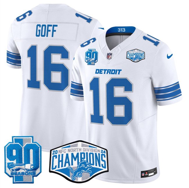 White Detroit Lions #16 Jared Goff 2024 NFC North Champions 90th Anniversary Patch F.U.S.E. Vapor Limited Stitched Jersey - DTL205