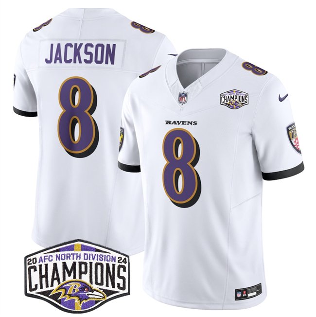 White Baltimore Ravens #8 Lamar Jackson F.U.S.E 2024 AFC North Division Champions Vapor Limited Football Jersey - BRJ125