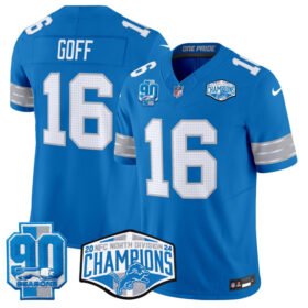 Blue Detroit Lions #16 Jared Goff 2024 NFC North Champions 90th Anniversary Patch F.U.S.E. Vapor Limited Stitched Jersey - DTL137