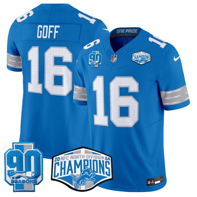 Blue Detroit Lions #16 Jared Goff 2024 NFC North Champions 90th Anniversary Patch F.U.S.E. Vapor Limited Stitched Jersey - DTL137