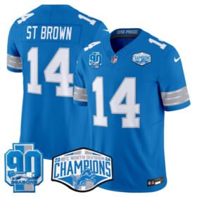 Blue Detroit Lions #14 Amon-Ra St. Brown 2024 NFC North Champions 90th Anniversary Patch F.U.S.E. Vapor Limited Stitched Jersey - DTL217