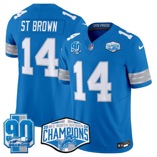 Blue Detroit Lions #14 Amon-Ra St. Brown 2024 NFC North Champions 90th Anniversary Patch F.U.S.E. Vapor Limited Stitched Jersey - DTL217