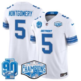 White Detroit Lions #5 David Montgomery 2024 NFC North Champions 90th Anniversary Patch F.U.S.E. Vapor Limited Stitched Jersey - DTL61