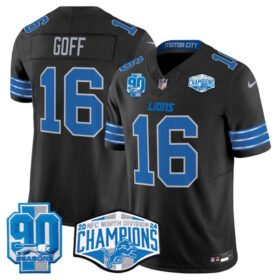 Black Detroit Lions #16 Jared Goff 2024 NFC North Champions 90th Anniversary Patch F.U.S.E. Vapor Limited Stitched Jersey - DTL01