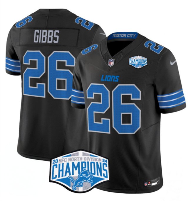 Black Detroit Lions #26 Jahmyr Gibbs 2024 NFC North Champions F.U.S.E. Vapor Limited Stitched Jersey - DTL138