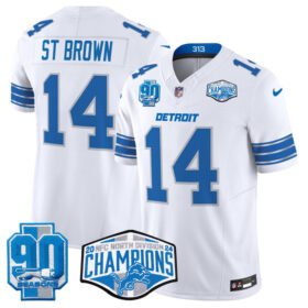 White Detroit Lions #14 Amon-Ra St. Brown 2024 NFC North Champions 90th Anniversary Patch F.U.S.E. Vapor Limited Stitched Jersey - DTL353
