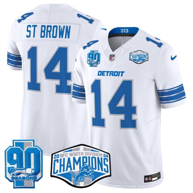 White Detroit Lions #14 Amon-Ra St. Brown 2024 NFC North Champions 90th Anniversary Patch F.U.S.E. Vapor Limited Stitched Jersey - DTL353