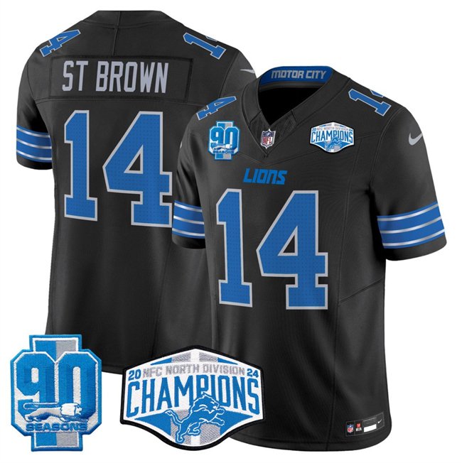 Black Detroit Lions #14 Amon-Ra St. Brown 2024 NFC North Champions 90th Anniversary Patch F.U.S.E. Vapor Limited Stitched Jersey - DTL368