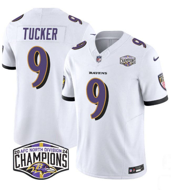 White Baltimore Ravens #9 Justin Tucker F.U.S.E 2024 AFC North Division Champions Vapor Limited Football Jersey - BRJ344
