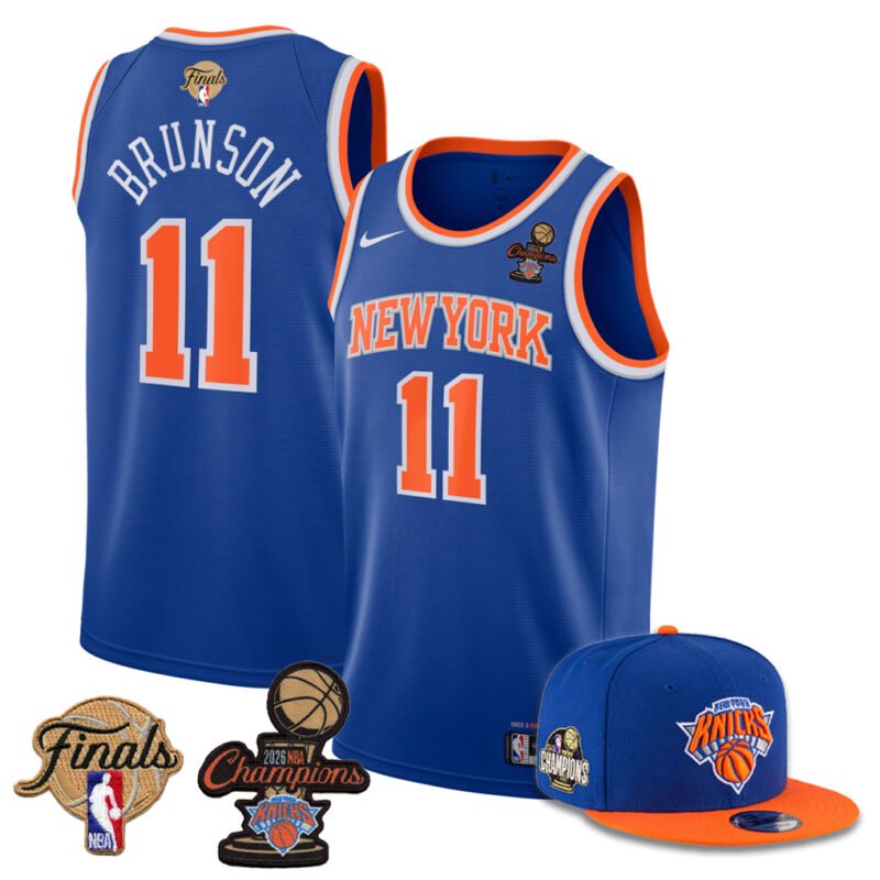 Blue New Yok Knicks 2026 Champions & Finals Patches Jersey x Snapback Hat Combo (All Stitched) - KSB012